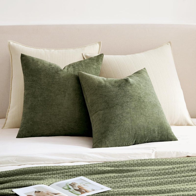 MIULEE أغطية وسائد باللون الأخضر الزيتوني 20x20 بوصة، مجموعة من 2 أغطية وسائد زخرفية ناعمة من الشنيلا مربعة الشكل للكنبة وغرفة المعيشة والسرير - Image 4